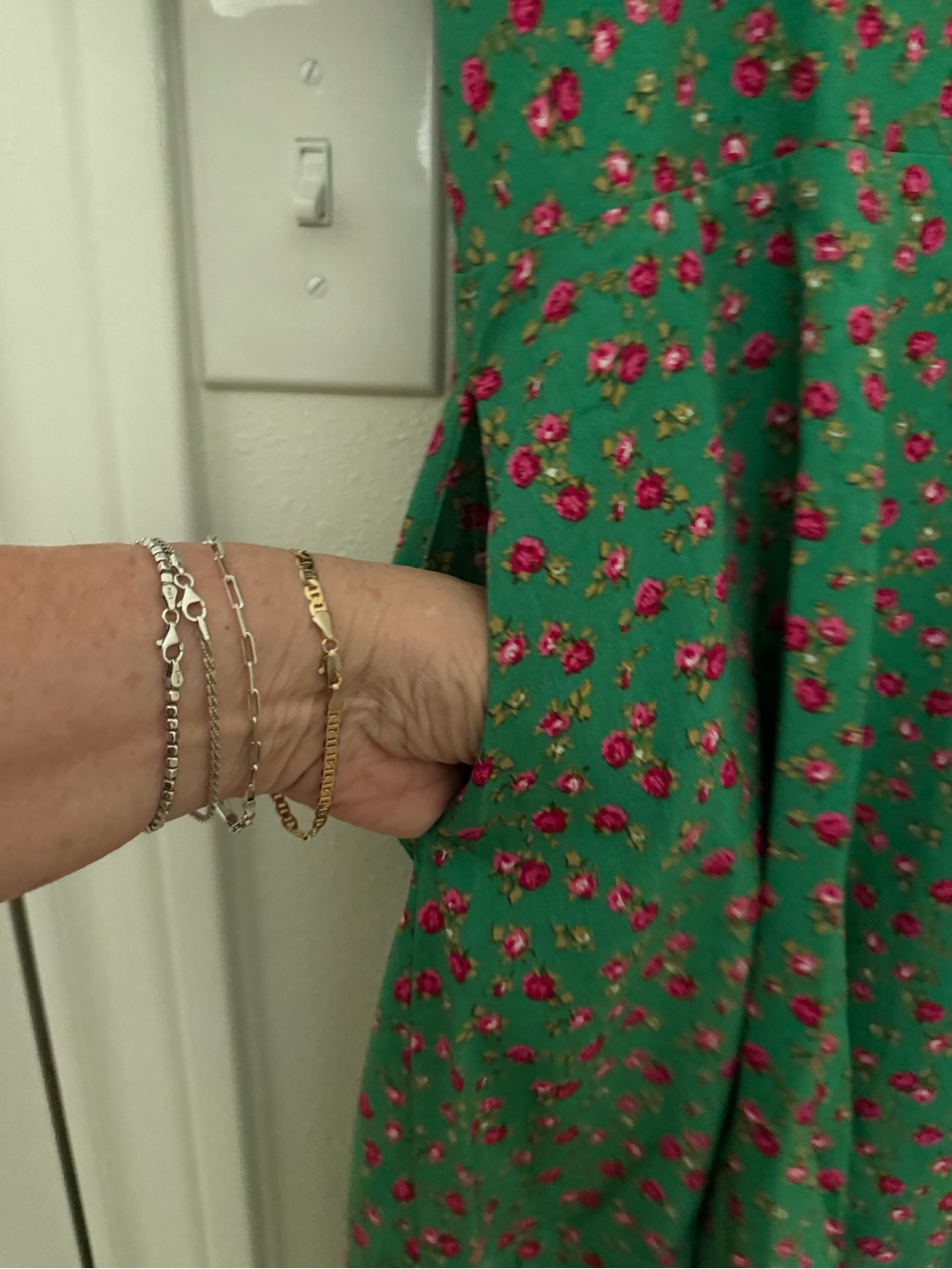 Green Midi Dress with Pink Floral Print by - Picture 4 of 12